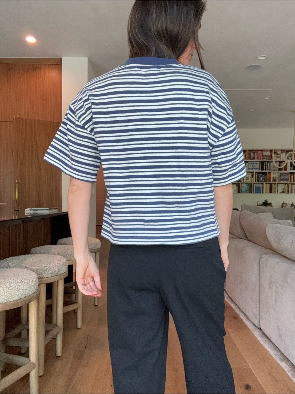 Striped Navy and White Short Sleeve Crop Top - Picture 2 of 3